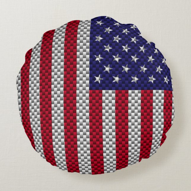 US Flag on Carbon Fibre Style Decor Print Round Pillow (Back)