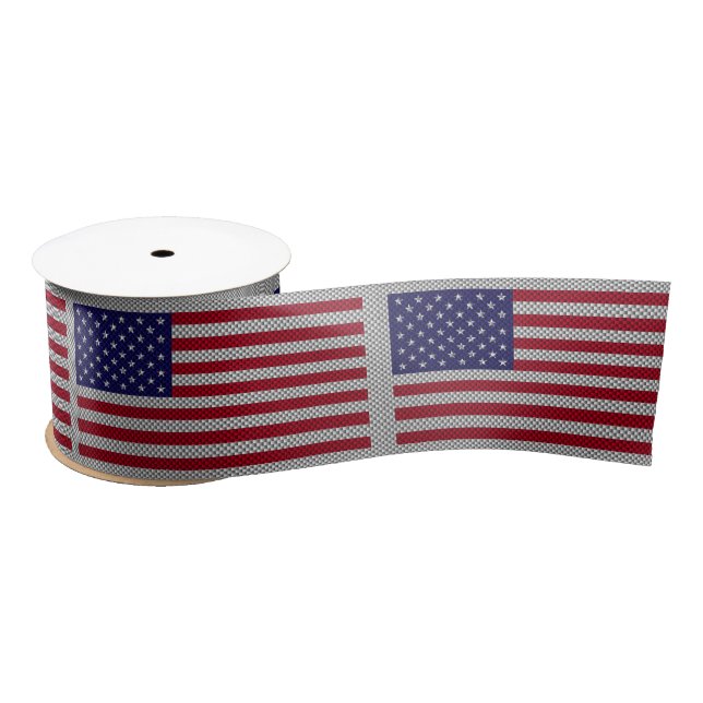 US Flag on Carbon Fibre Style Decor Print Satin Ribbon (Spool)