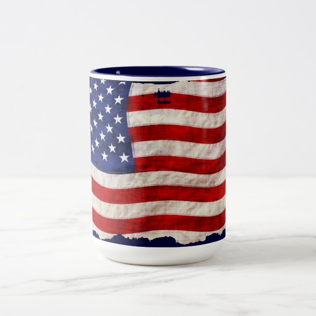 US Flag, Patriotic Design, Stars & Stripes Two-Tone Coffee Mug (Center)