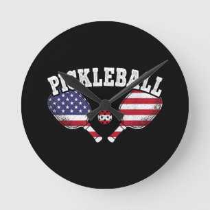 US Flag Pickleball Player Vintage Pickle Ball Love Round Clock
