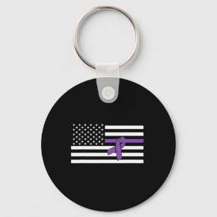 US Flag Purple Ribbon Pancreatic Cancer Awareness Keychain