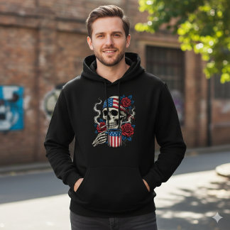 Us Flag Skull and Roses Coffee Hoodie Design