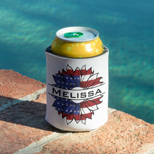 US Flag Sunflower With Name  Can Cooler (In Situ Pool)