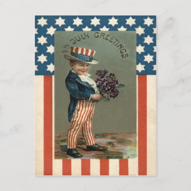 US Flag Uncle Sam Boy Violets Postcard (Front)