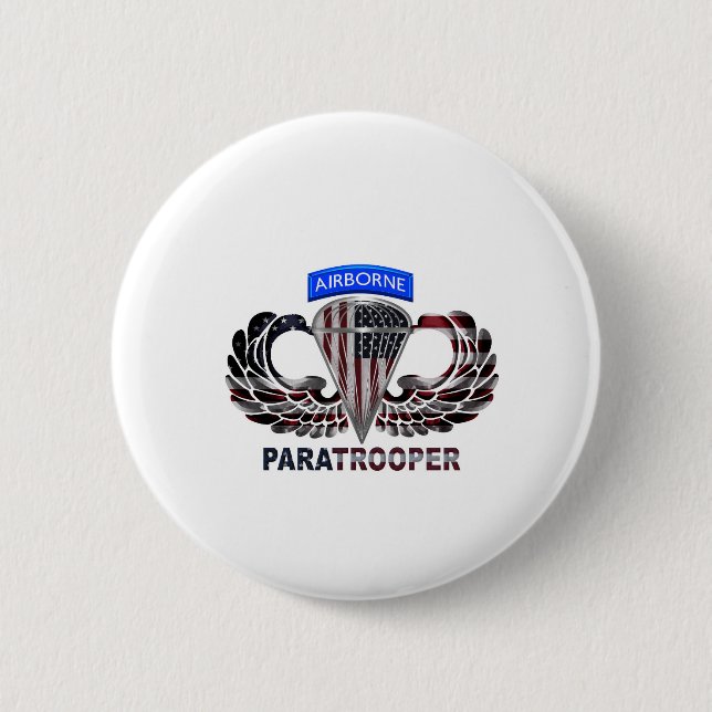 US Flag With Airborne Wings and Paratroopers 2 Inch Round Button (Front)