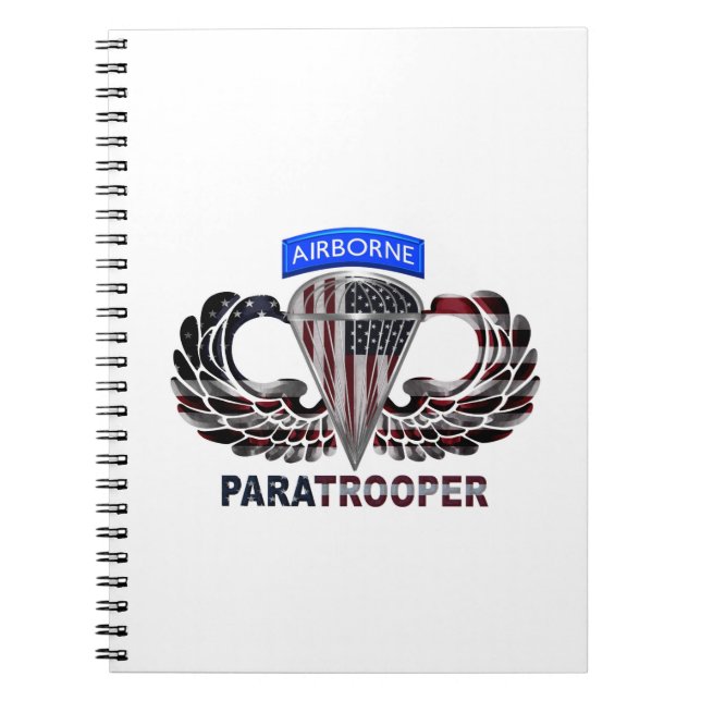 US Flag With Airborne Wings and Paratroopers Notebook (Front)