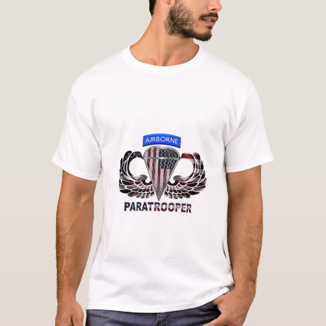US Flag With Airborne Wings and Paratroopers T-Shirt (Front)