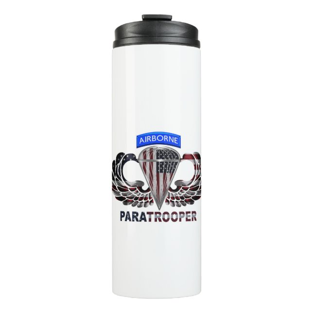US Flag With Airborne Wings and Paratroopers Thermal Tumbler (Front)