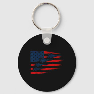 Us Flag With Fighter Jets Patriotic Airshow Keychain