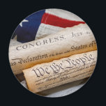 US Founding Documents Magnet<br><div class="desc">Copies of the Declaration of Independence and US Constitution in rolled up scrolls with a vintage American flag</div>