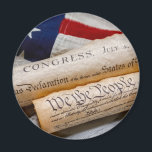 US Founding Documents Magnet<br><div class="desc">Copies of the Declaration of Independence and US Constitution in rolled up scrolls with a vintage American flag</div>