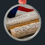 US Founding Documents Metal Ornament<br><div class="desc">Copies of the Declaration of Independence and US Constitution in rolled up scrolls with a vintage American flag</div>
