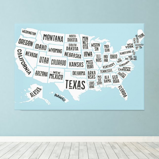 US Map With State Names United States 60x40 inch Canvas Print (Insitu(Wood Floor))