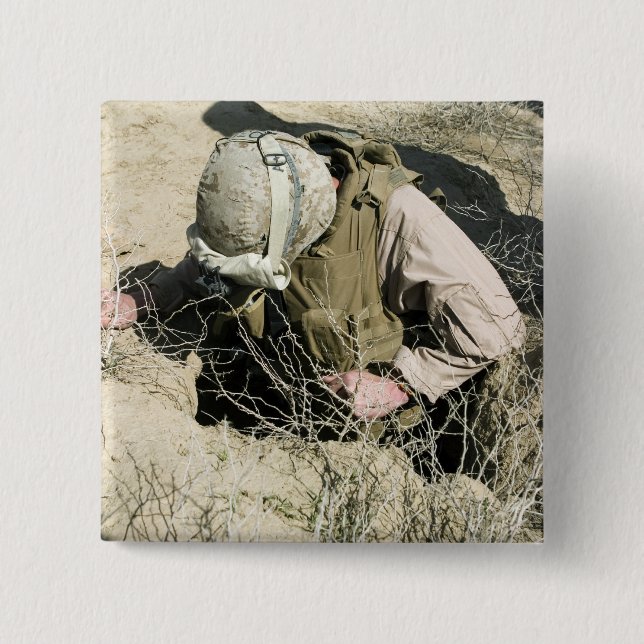US Marine jumps down a hole 2 Inch Square Button (Front)