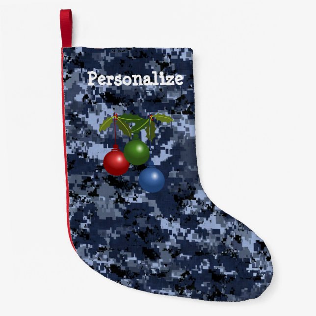 US Military Blue Camo Christmas Stock w/Ornaments Small Christmas Stocking (Front)
