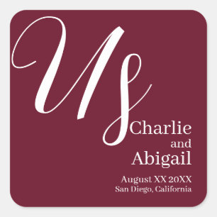 US Modern Romantic Wedding on Burgundy Square Sticker