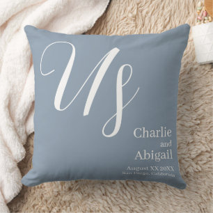 US Modern Romantic Wedding on Dusty Blue Throw Pillow