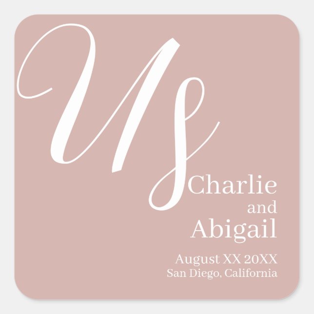 US Modern Romantic Wedding on Dusty Pink Square Sticker (Front)