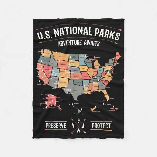 Us National Parks Map Preserve Protect Hiking Camp Fleece Blanket (Front)