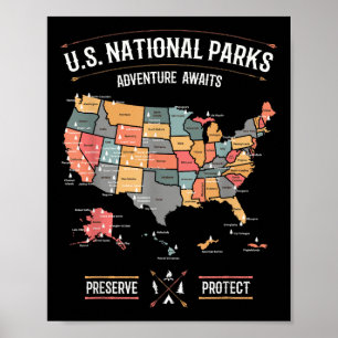Us National Parks Map Preserve Protect Hiking Camp Poster