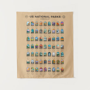 US National Parks of America Checklist Vintage Tapestry