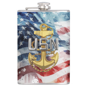 US Navy Chief Flask, E7 Pinning Gift Hip Flask