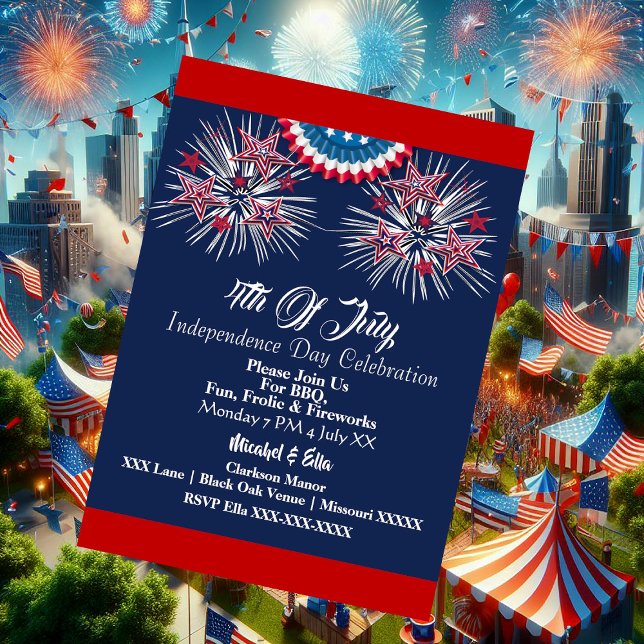 US Patriotic 4th July Firecracker BBQ Party Blue Invitation (US Patriotic 4th July Firecracker BBQ Party Blue Invitation)