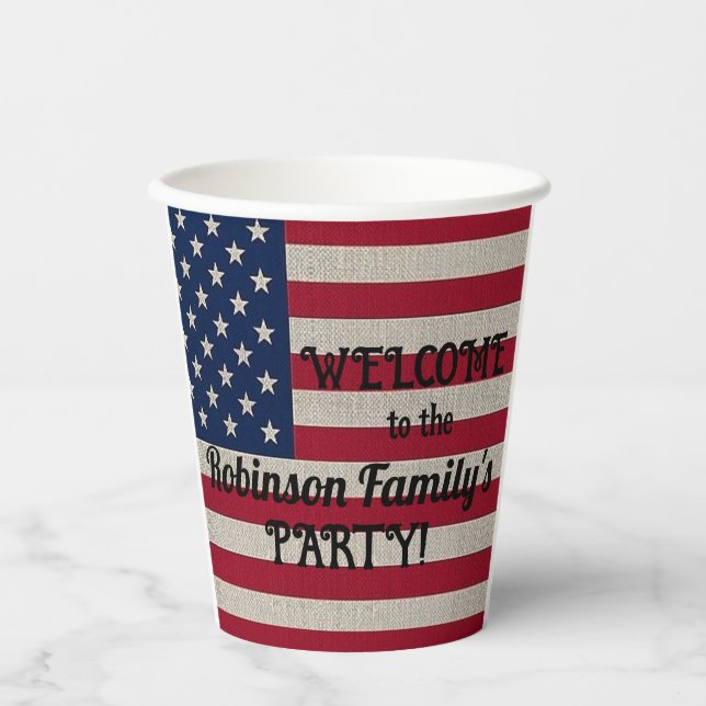 US Patriotic American Flag Linen Calligraphy Text Paper Cups (Front)