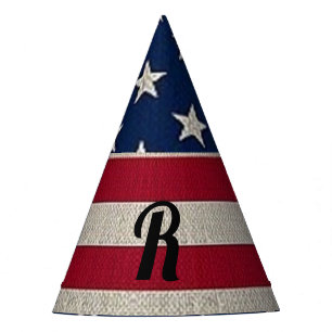 US Patriotic American Flag Linen Monogram Text Party Hat
