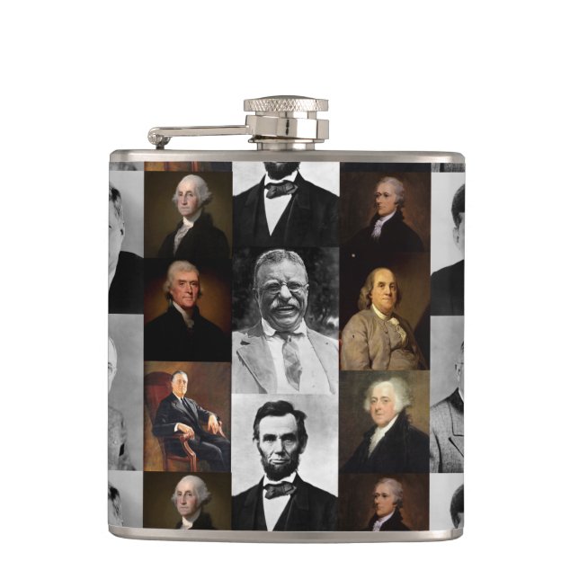 US Presidents Plus Hamilton and Franklin History Hip Flask (Front)