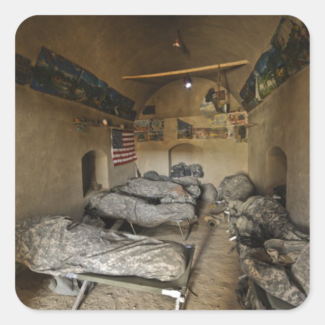 US Soldiers sleep in an abandoned mud house Square Sticker (Front)