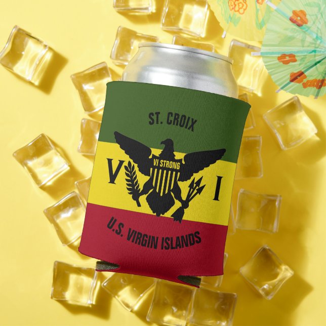US Virgin Islands Flag, St. Croix Red Yellow Green Can Cooler (In Situ Summer)
