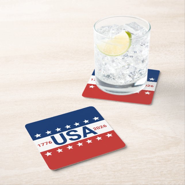 USA 1776 2026 250th Anniversary Red White Blue Square Paper Coaster (Insitu)
