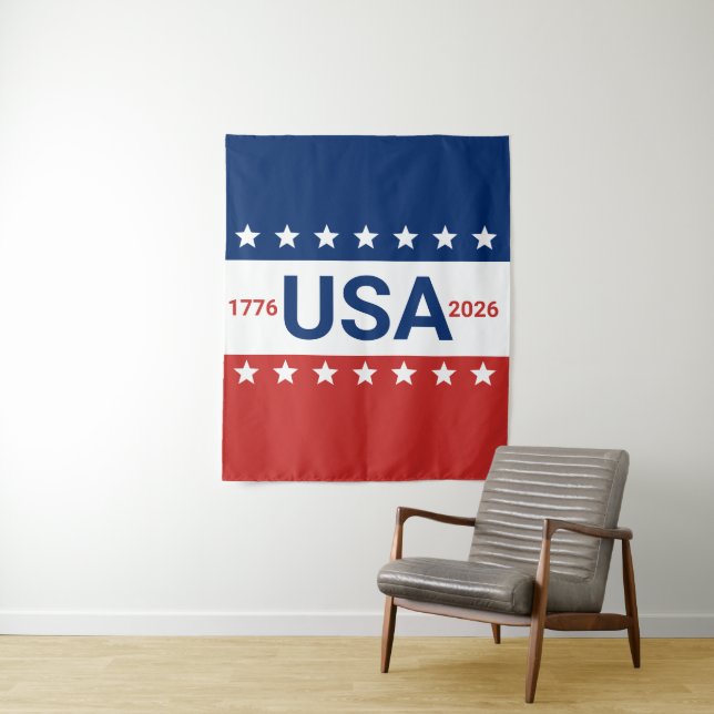 USA 1776 2026 250th Anniversary Red White Blue Tapestry (In Situ)
