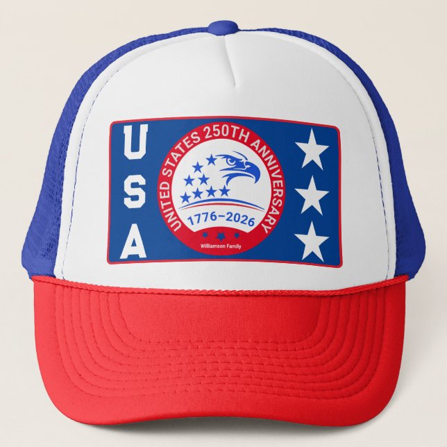 USA 1776-2026 Eagle Emblem - Red White Blue Mesh Trucker Hat (Front)