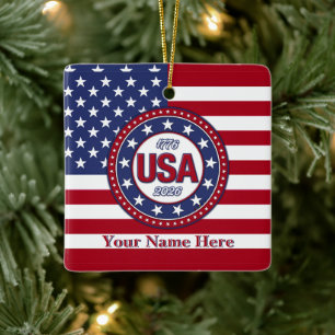 USA 1776 - 2026 With USA Flag Ceramic Ornament
