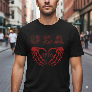 USA 1776 Patriotic Skeleton Heart Hands T-Shirt