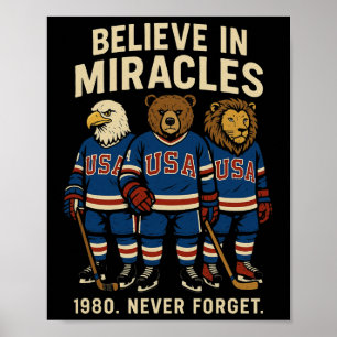 Usa 1980 Ice Hockey Retro Animals Poster