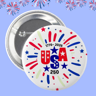 USA 250 Birthday Patriotic Red White Blue Firework 2 Inch Round Button