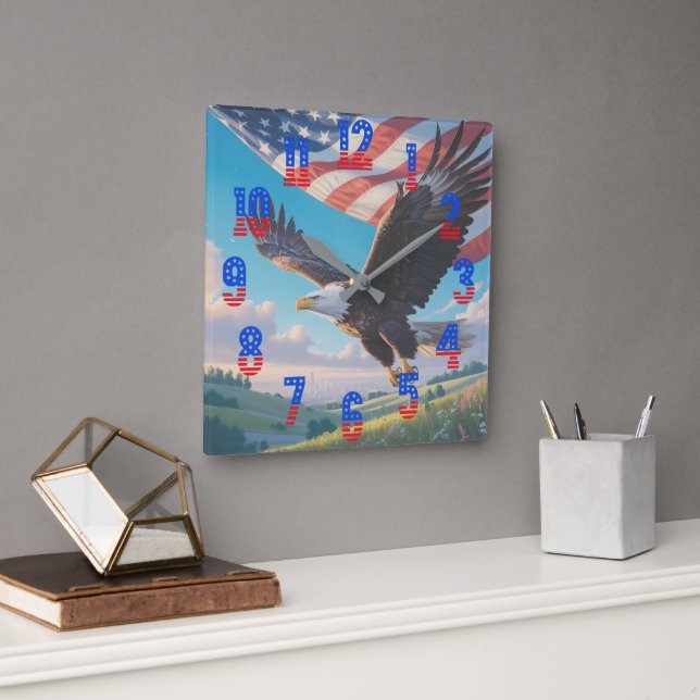 USA 250 Patriotic Bald Eagle American Flag Design  Square Wall Clock (Office)