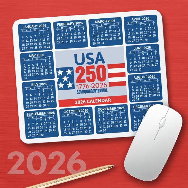 USA 250 with 2026 Calendar - Red White Blue Mouse Pad (2026 Calendar on a Mousepad)