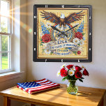 USA 250 Years Freedom Floral Square Wall Clock<br><div class="desc">Celebrate a momentous historic milestone with the "250 Years of Freedom" Floral Eagle clock. This high-energy timepiece features a high-definition graphic that elegantly combines powerful national symbols with the beauty of nature. The design centers on a majestic bald eagle with wings outspread, perched atop a large, silver-toned "250" and a...</div>