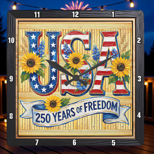 USA 250 Years Freedom Sunflower Square Wall Clock