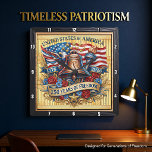 USA 250 Years Liberty Bell Square Wall Clock<br><div class="desc">Celebrate a historic quarter-millennium with the USA 250 Years of Freedom Liberty Bell clock. This high-energy timepiece features a high-definition graphic that meticulously captures American iconicism. The design centers on a bronzed Liberty Bell and the Torch of Liberty, set against a backdrop of a waving American flag and a soaring...</div>