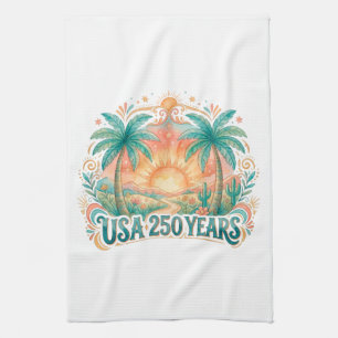 USA 250 Years Palm Trees Patriotic Desert Sunrise Kitchen Towel