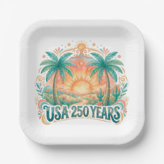 USA 250 Years Palm Trees Patriotic Desert Sunrise Paper Plate