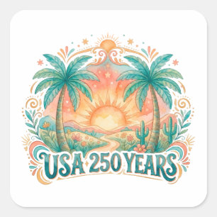 USA 250 Years Palm Trees Patriotic Desert Sunrise Square Sticker