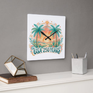 USA 250 Years Palm Trees Patriotic Desert Sunrise Square Wall Clock
