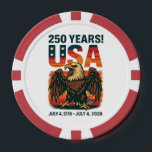 USA 250 Years – Patriotic Bald Eagle July 4th 2026 Poker Chips<br><div class="desc">Celebrate America’s 250th anniversary in bold, patriotic style! This vintage-inspired design features a fierce bald eagle in front of a sunset, with large distressed “USA” lettering and the dates “July 4, 1776 – July 4, 2026.” Perfect for showing your love of country during the Semiquincentennial or any time you want...</div>