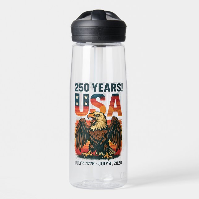 USA 250 Years – Patriotic Bald Eagle July 4th 2026 Water Bottle (Front)